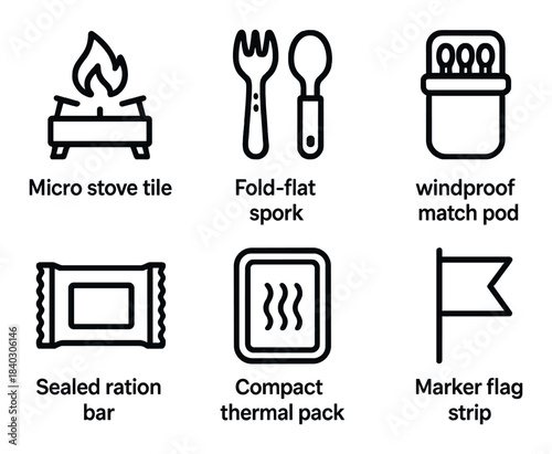 Outdoor survival tools: stove, spork, match pod, ration bar, thermal pack, flag strip