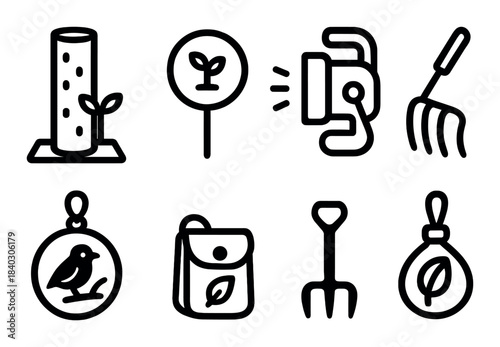 Gardening icons collection: tools and symbols for plant care