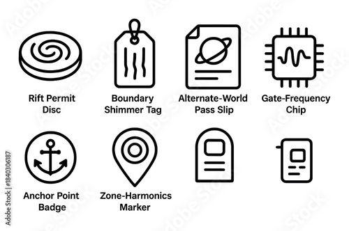 Sci-fi themed icons for alternate world travel and technology concepts