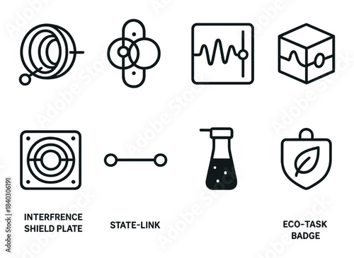 Futuristic technology icons with interference shield, state link, and eco task symbols