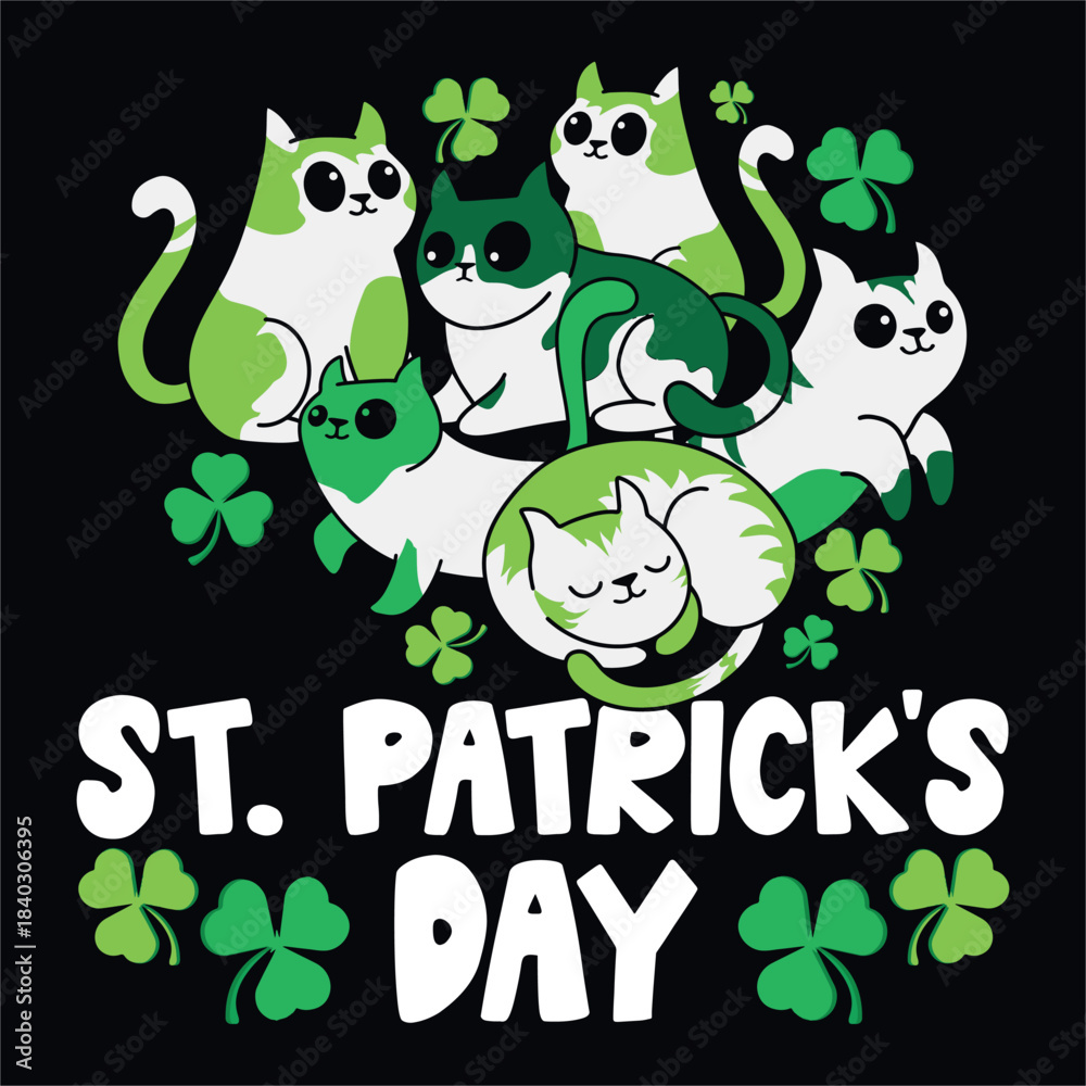 Naklejka premium Cute St. Patrick’s Day Cat with Shamrocks T-shirt Design