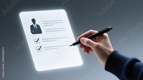 A hand with pen marking bright floating form showing signature and checks in cool light, document management system concept