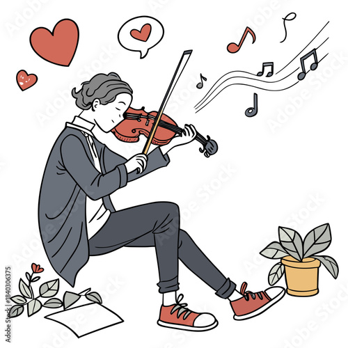 Cartoon Violinist in Suit Playing Music with Hearts Floating