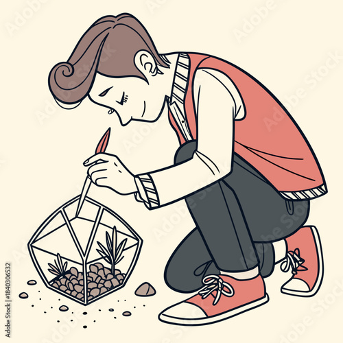 Young person planting plants inside a terrarium with care