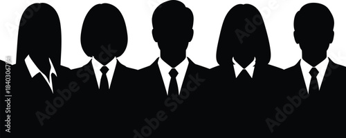 Silhouettes of five business professionals standing together in unity