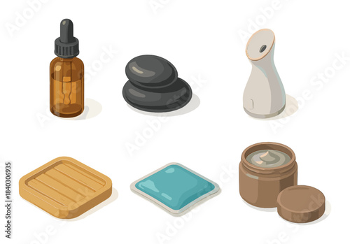 Spa essentials with aromatherapy oil, massage stones, face steamer, soap, gel, and cream