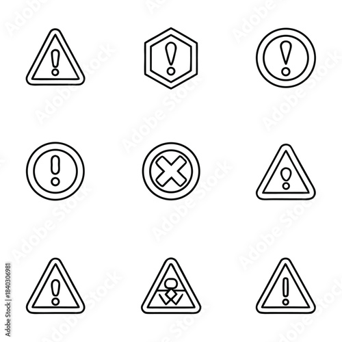Collection of nine black outline icons representing various warning error and danger alert symbols