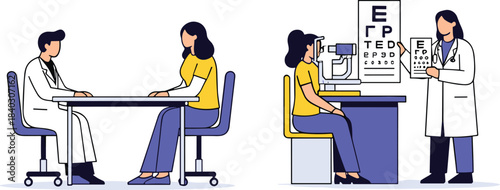 Doctor consultation and eye examination scene with patient, vision test chart, ophthalmologist equipment, medical checkup, healthcare clinic visit vector illustration