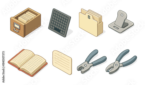 Collection of office and stationery items in vintage style illustration