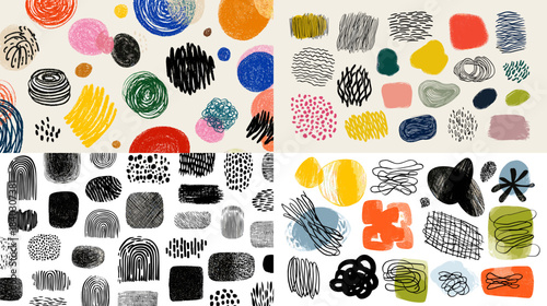 Playful abstract marker and crayon shapes in colorful and monochrome variations. Suitable for modern design projects, backgrounds, art prints, creative patterns, and handmade illustration styles.