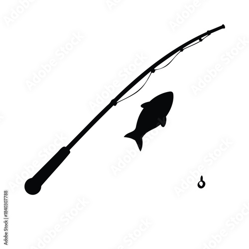 Simple black silhouette graphic depicting a fishing rod line hook and a jumping fish