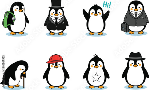 Cute penguin character set in various outfits and poses, businessman penguin, student penguin, elderly penguin, casual costumes vector collection