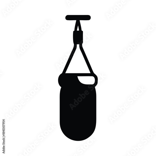 Simple black silhouette icon representing a heavy punching bag hanging from a ceiling mount
