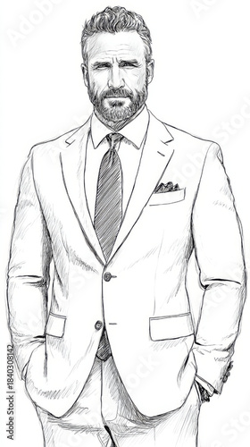 Hand-drawn sketch of a confident bearded man in a formal suit with a serious look, ideal for business, leadership, or professional concepts on a white backdrop.