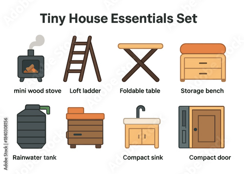 Tiny house essentials set: wood stove, loft ladder, table, storage bench, rainwater tank