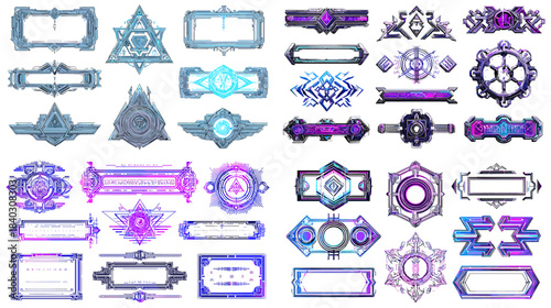 Mystical futuristic frames featuring crystal shapes, glowing ornaments, and fantasy inspired geometric designs. Perfect for gaming UI, magic themes, sci fi visuals, and decorative digital artwork.