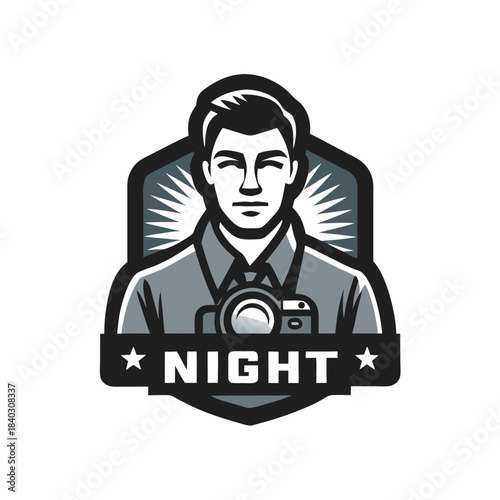 A man with a camera emblem. Photographers' club logo. Flat style. Vector illustration.