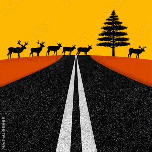 A group of deer silhouettes stand on a country road with an orange and yellow background and a lone tree, creating a bold, modern wildlife scene ideal for awareness or creative projects.