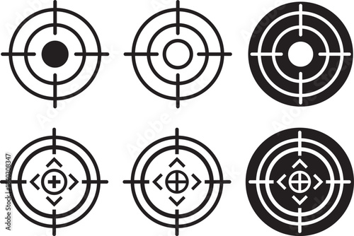 Target icons set. Aim sniper shoot group. Ambition and opportunity symbols. Gun target icons in minimalistic thin line strokes designs. Focus group icon. Editable stroke line icons