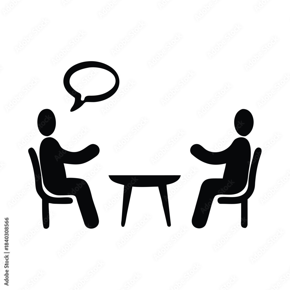 Fototapeta premium Simple black and white icon depicting two people sitting opposite each other at a small table
