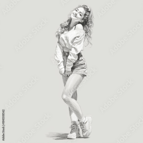 A cheerful young woman in a sweatshirt and shorts poses confidently in a playful, sketch-style drawing, set against a minimalist light background perfect for modern designs.