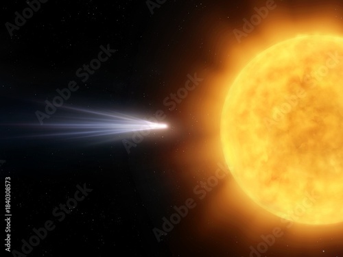 Comet close to the sun in space. Comet's nucleus evaporates near the star. Celestial body in the solar system.