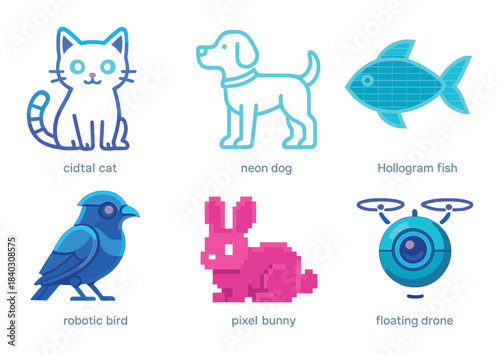 Neon animals: cat, dog, fish, bird, bunny, drone in digital art