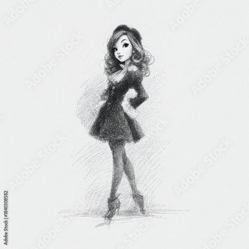Stylish young woman stands confidently in a chic dress, captured in a black and white pencil sketch, with ample copy space for creative design or fashion promotions.