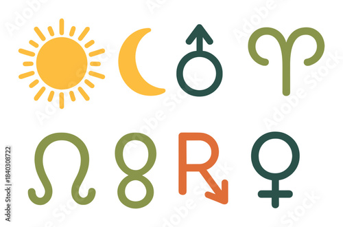 Glowing zodiac and astronomy symbols on colorful background