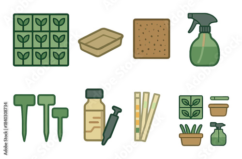 Gardening tools and supplies illustration with seedlings and sprayer icons