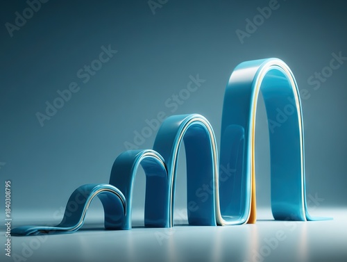 A series of rising blue ribbon-like arcs forming a smooth upward progression, symbolizing growth cycles, evolving performance and the steady momentum of continuous improvement