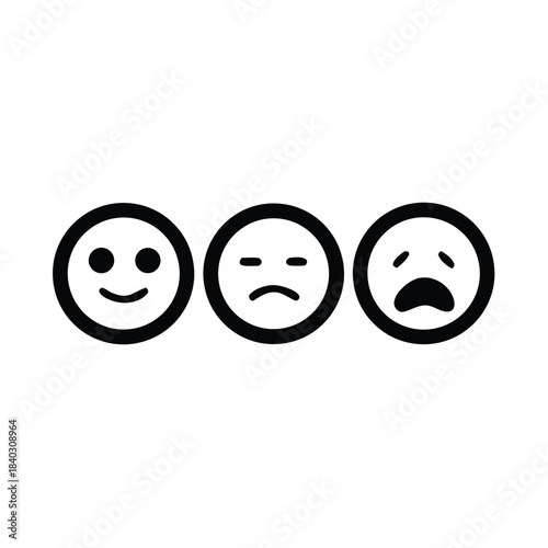 Three simple black and white emoji faces showing happy neutral and sad emotions in a row