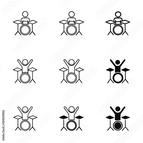 Collection of nine minimalist drummer icons showing various styles of musical performance and celebration