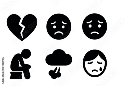 Sadness and depression icons: heartbreak, sad face, and crying expressions