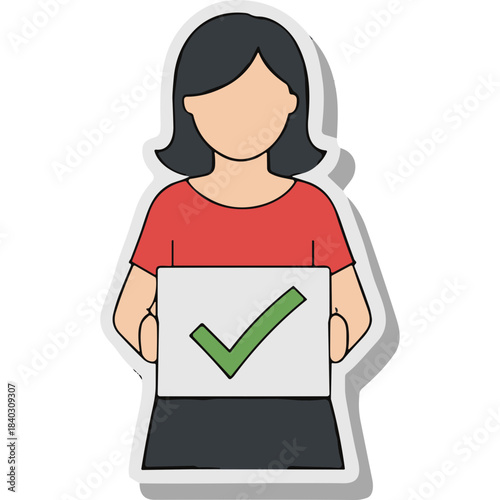 Woman Holding a Document with a Green Check Mark Symbol Indicating Approval or Correctness Against a White Background