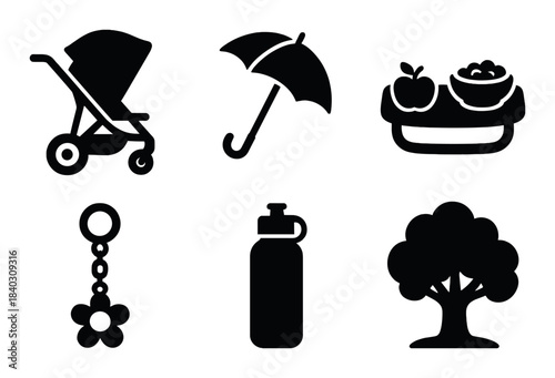 Silhouette icons set: stroller, umbrella, basket, keychain, bottle, tree