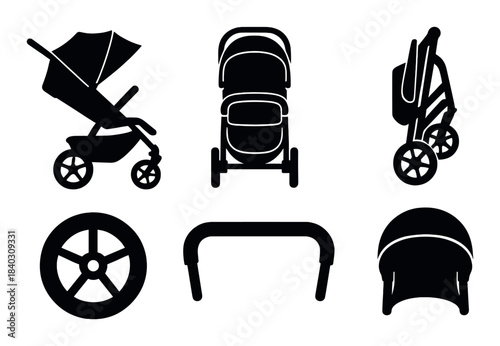 Silhouette of baby stroller components on dark background