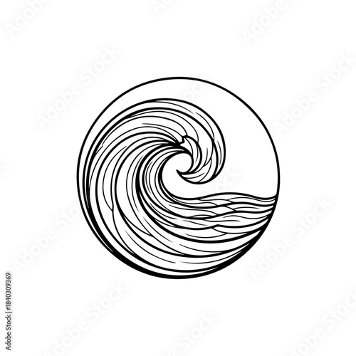 Stylized black and white illustration of a powerful crashing ocean wave within a circular frame, capturing motion and energy. isolated on transparent background