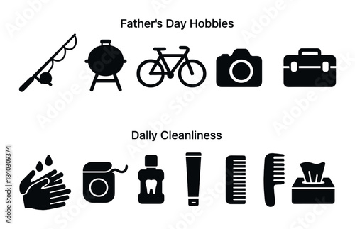 Father's day and daily cleanliness icons: hobbies and hygiene essentials