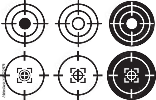 Target icons set. Aim sniper shoot group. Ambition and opportunity symbols. Gun target icons in minimalistic thin line strokes designs. Focus group icon. Editable stroke line icons