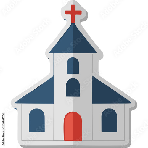White And Blue Steeple Church With Red Door And Cross On Top In Daytime