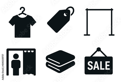 Clothing store symbols: shirt, price tag, sale sign, fitting room icons