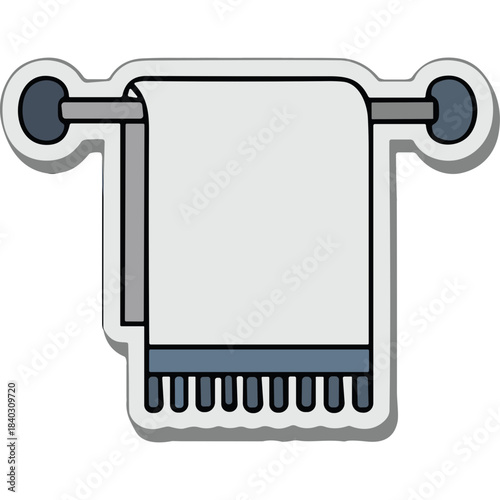 White Bath Towel Hanging On A Metal Bar With Dark Grey Holders And Blue Trim Detail Minimalist Flat Design With Sticker Effect Against A Black Background