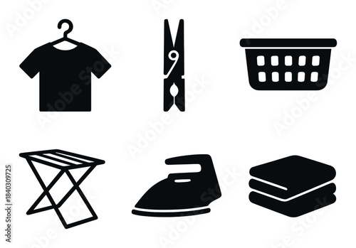 Laundry symbols: hanger, clothespin, basket, drying rack, iron, folded clothes