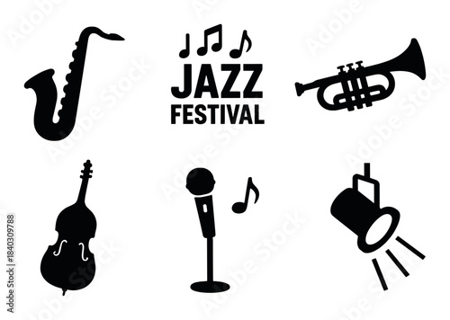 Jazz festival icons: saxophone, trumpet, double bass, microphone, spotlight