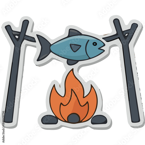Whole Fish Roasting Over Open Campfire Flames with Rustic Wooden Spikes and Gray Stones Minimalist Flat Design Illustration