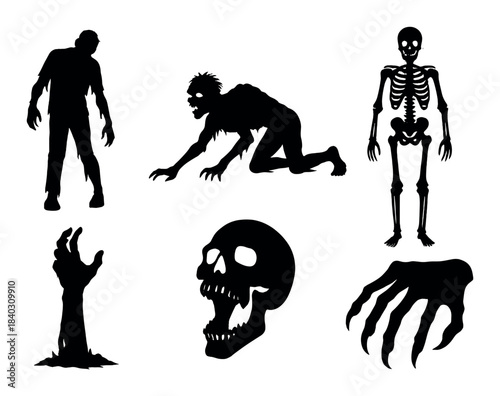 Silhouettes of creepy skeletons zombies and clawing hands in darkness