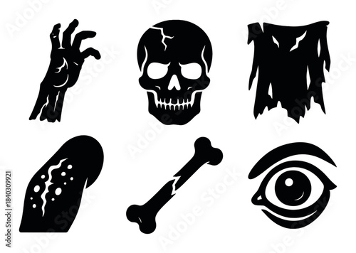 Dark halloween silhouettes: skeleton, hand, skull, bone with spooky motifs