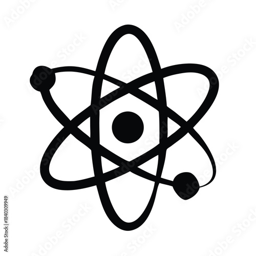 Simple black and white icon representing the structure of an atom for science education and design