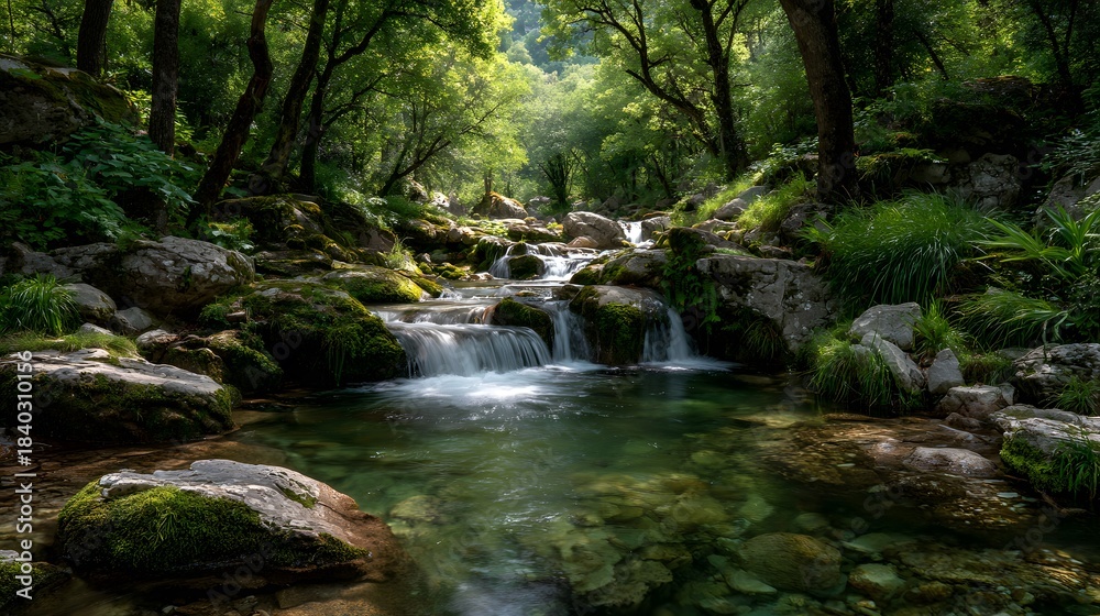 Fototapeta premium Serene small cascading waterfall flows over mossy rocks in a dense green forest, with crystal clear water smoothed by long exposure.